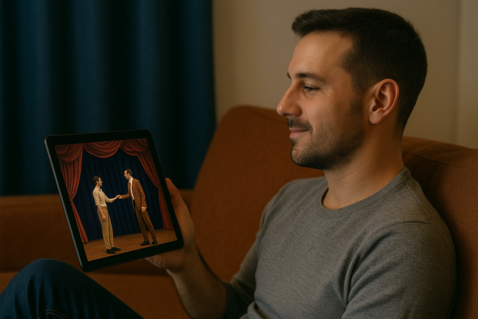 Ein junger Mann mit Bart und grauem Pullover sitzt auf dem Sofa mit einem Tablet in der Hand und schaut eine Theateraufführung im Live Stream.